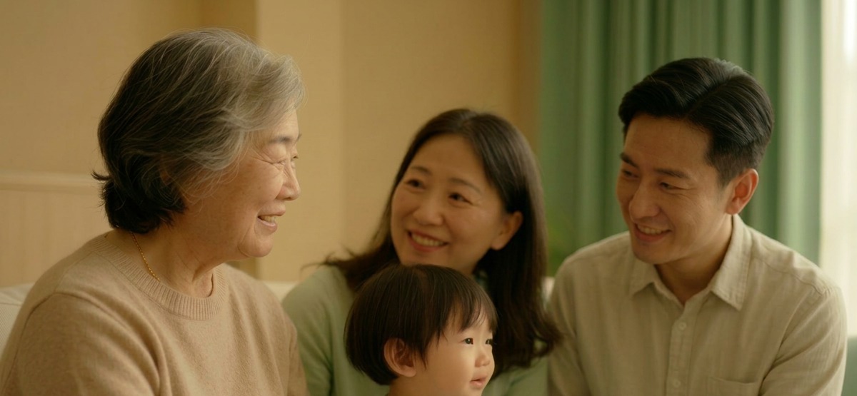 A multi-generational Asian family talking warmly together at home during a bilingual speech therapy session