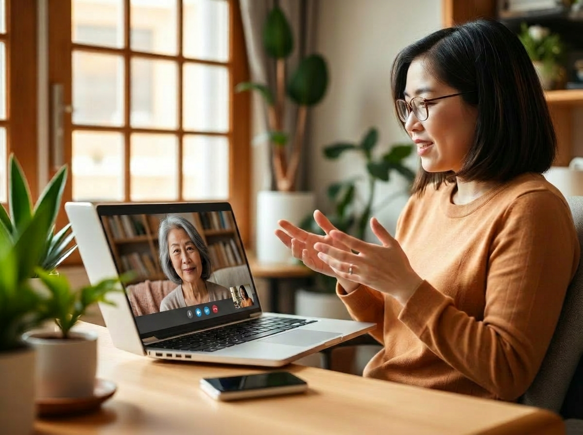 A bilingual speech therapy clinician meeting with an Asian family by video call for a telehealth speech therapy session